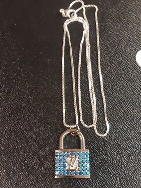 LV Silver Padlock Charm Pendant Necklace with Blue and Aqua Crystals 925 SS